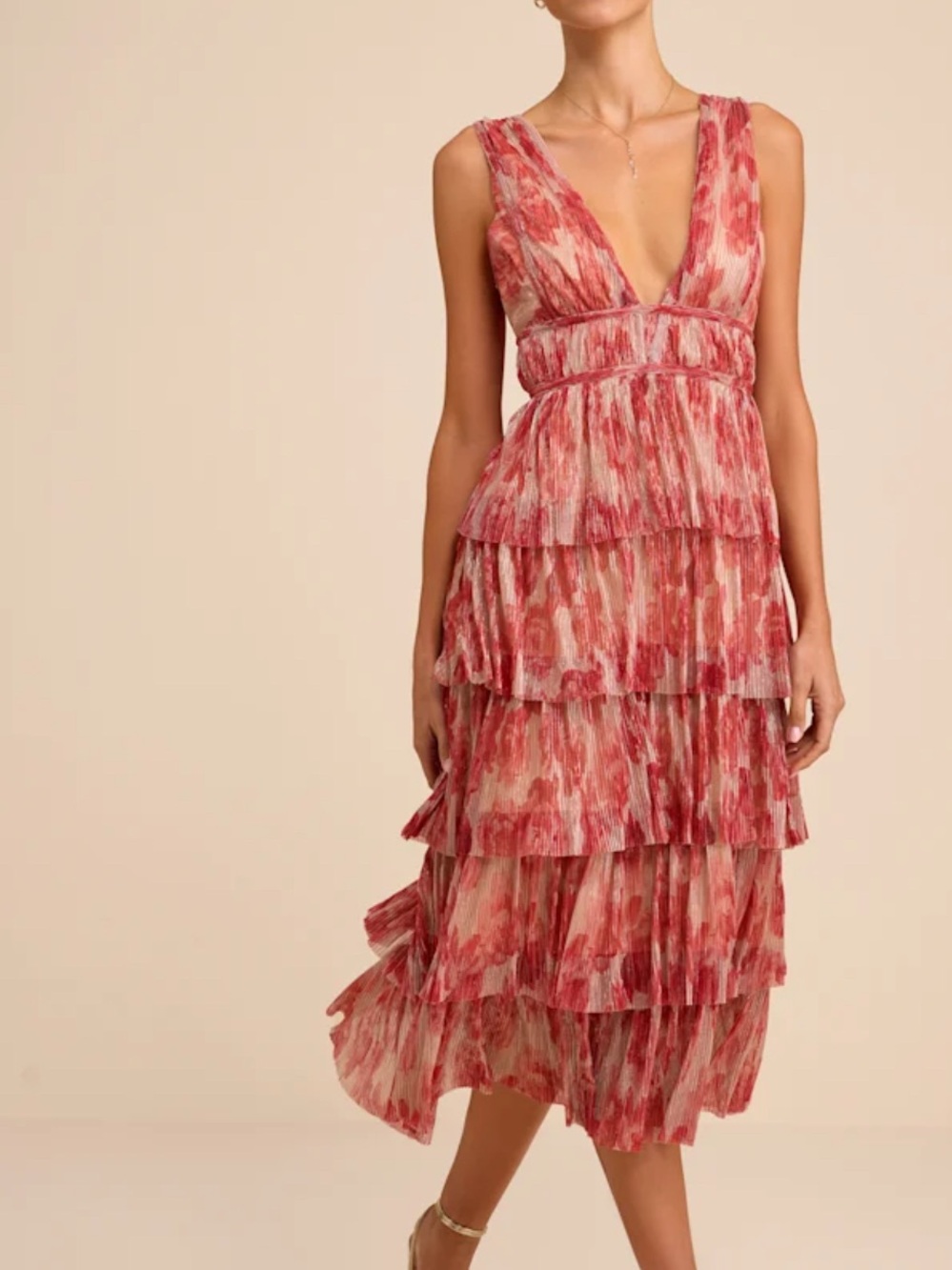 Lulu's Coral and Pink Tiered V-Neck Midi Dress